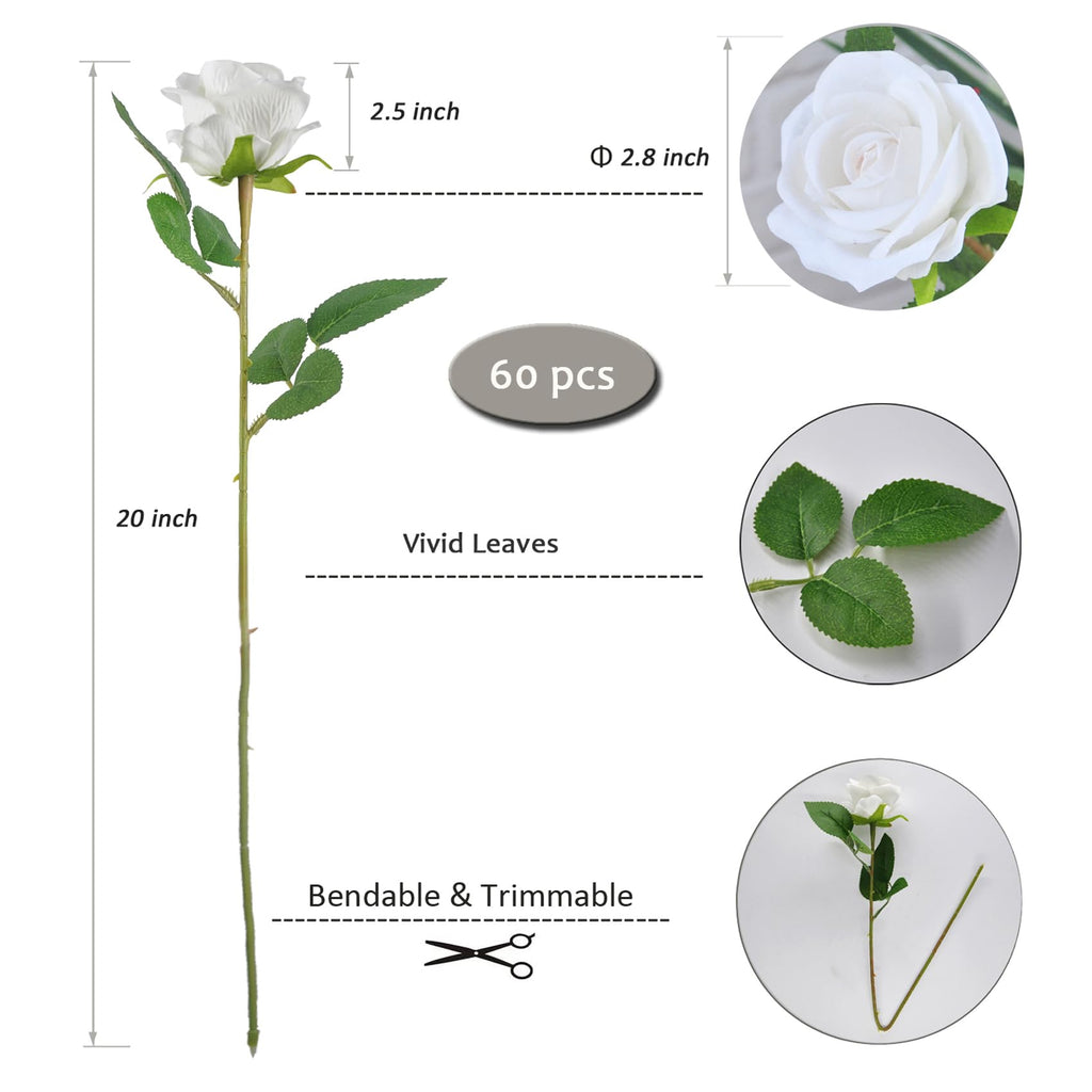 60Pcs White Roses Artificial Flowers with Stem Bulk