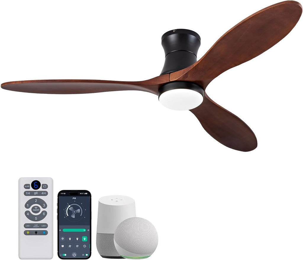 52 Inch Inspired Maverick Style Smart Ceiling Hugger Fan with LED Light & Remote - Flush Mount, Solid Wood Blades, 6-Speed - Black