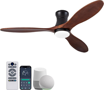 52 Inch Inspired Maverick Style Low Profile Smart Ceiling Hugger Fan with LED Light & Remote - Flush Mount, Solid Wood Blades, 6-Speed - Black