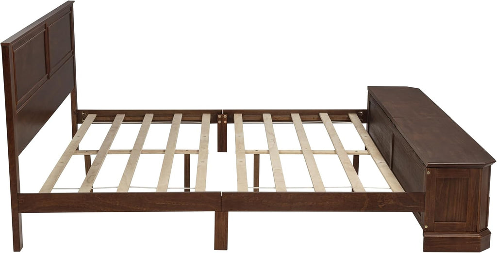 Queen Farmhouse Style Bed Frame with Storage Bench, 2 Drawers & Lift-Top Compartments, Solid Wood Platform Bed with