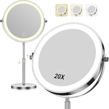 Makeup Mirror with Lights, 1x/20x 360° Rotation Vanity Mirror, Brightness Adjustable Lighted Makeup Mirror with