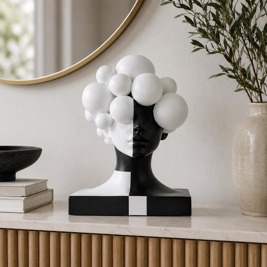 Checkered Modern Abstract Bust Statue Decor, Black and White Art Face Sculpture,Large Resin Woman Head Figurine
