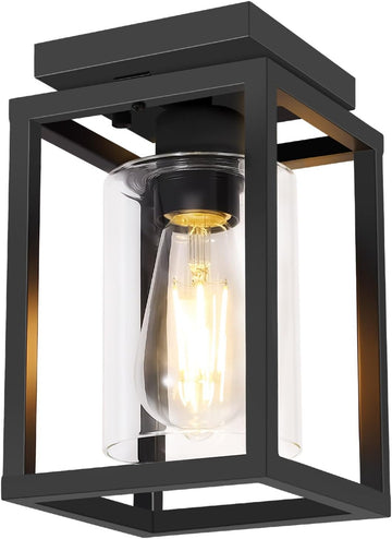 Semi Flush Mount Ceiling Light Fixture, Black Metal Frame Porch Ceiling Light Fixture with Clear Glass Shade and E26