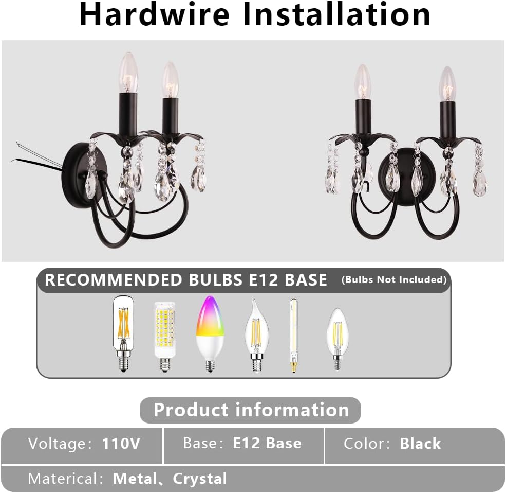 2-Light Vintage Crystal Wall Sconce, Antique Wall Lights with Black Finish for Bedroom Bedside Living Room, Victorian