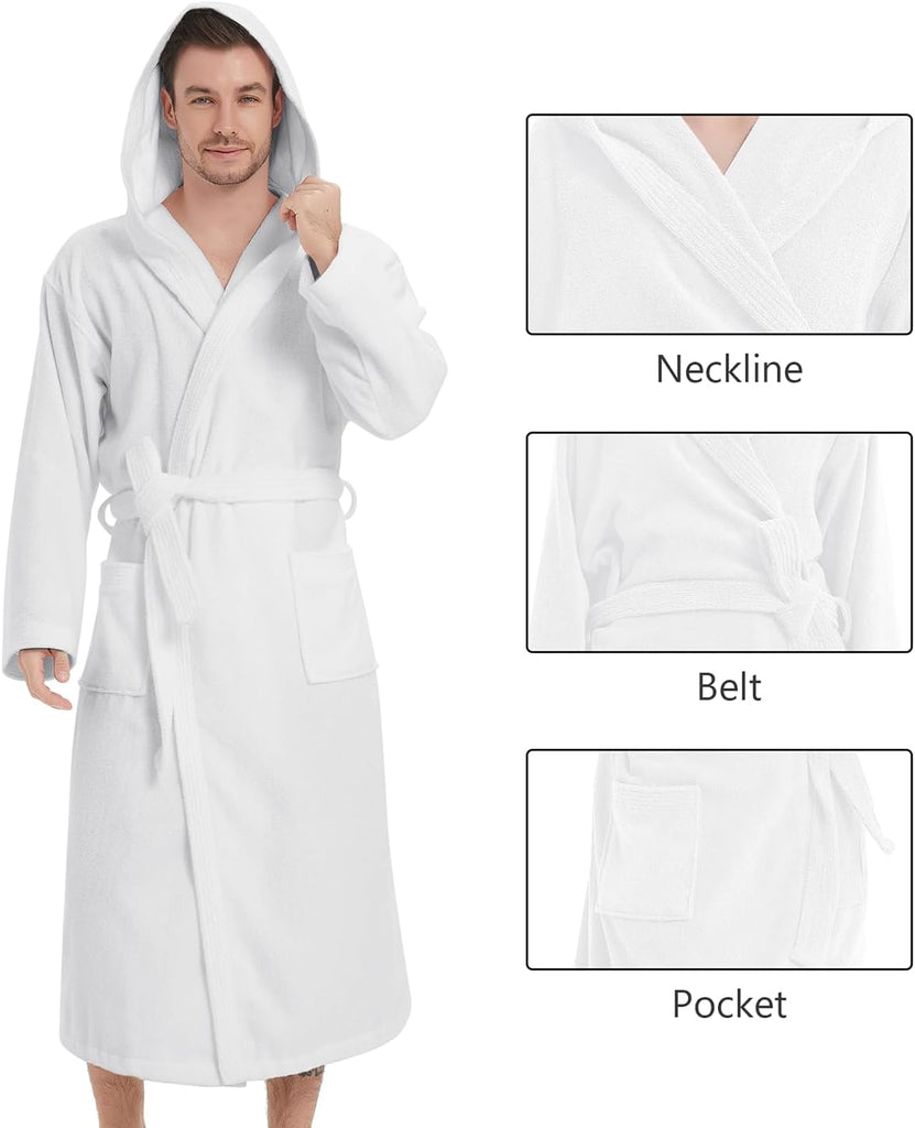 Men's Bathrobes with Hood, 100% Cotton Terry Bath Robe, Soft Long Shower Towel Robe for Men with Pockets