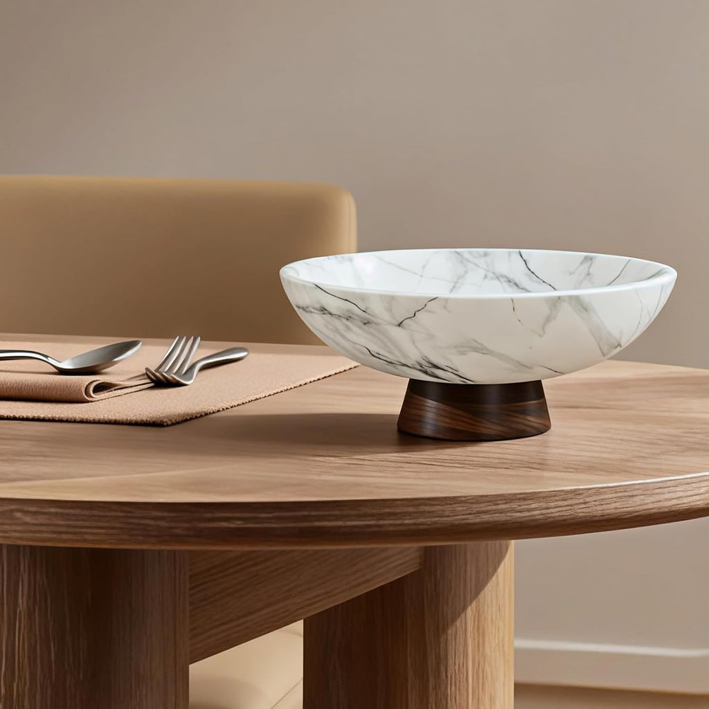 White Marble Texture Decorative Bowl with Acacia Wood Base - 11" Modern Pedestal Fruit Bowl for Table Centerpiece