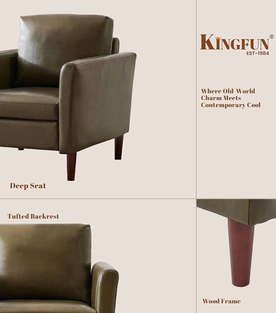 Accent Chair , Mid Century Modern Upholstered PU Leather Armchair with Rolled Arms and Deep Seat, Reading Chair and
