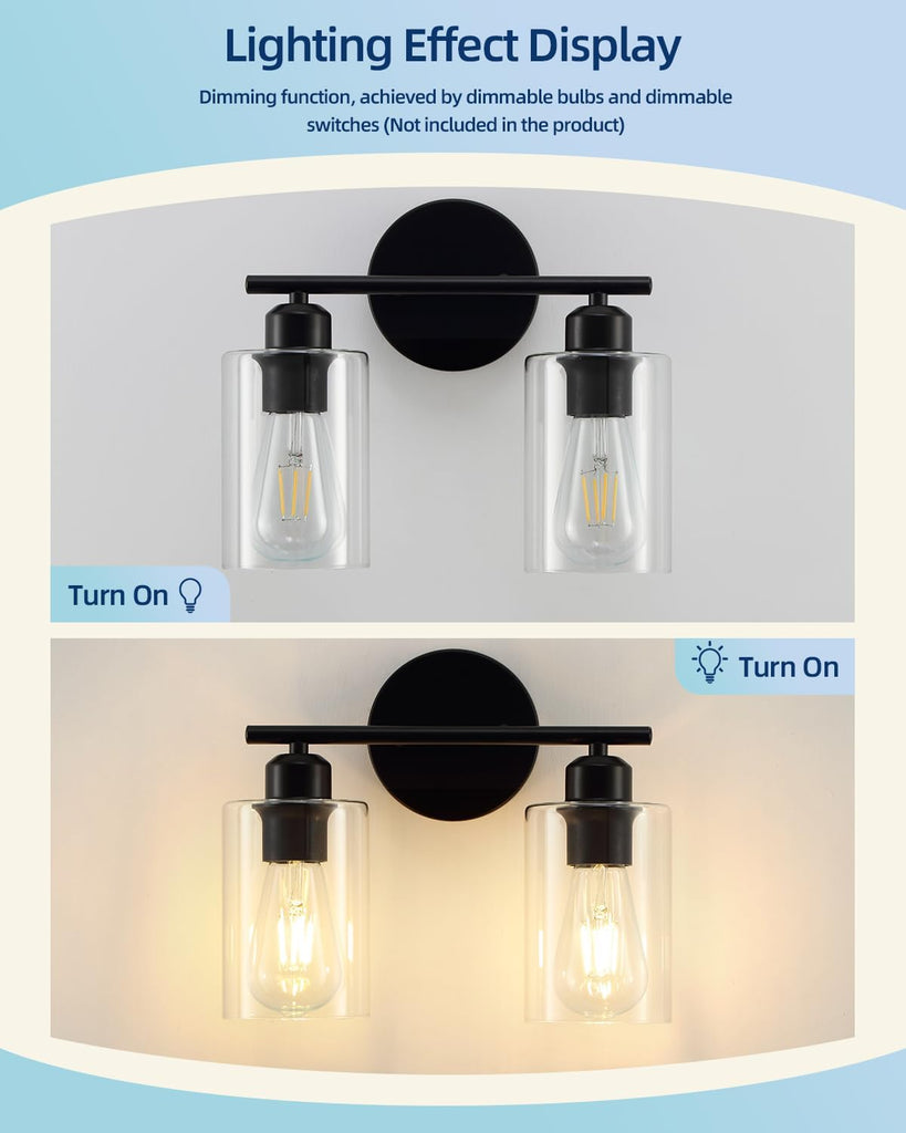 2-Light Bathroom Light Fixtures, Matte Black Bathroom Vanity Lights, Bathroom Lighting Fixtures Over Mirror with