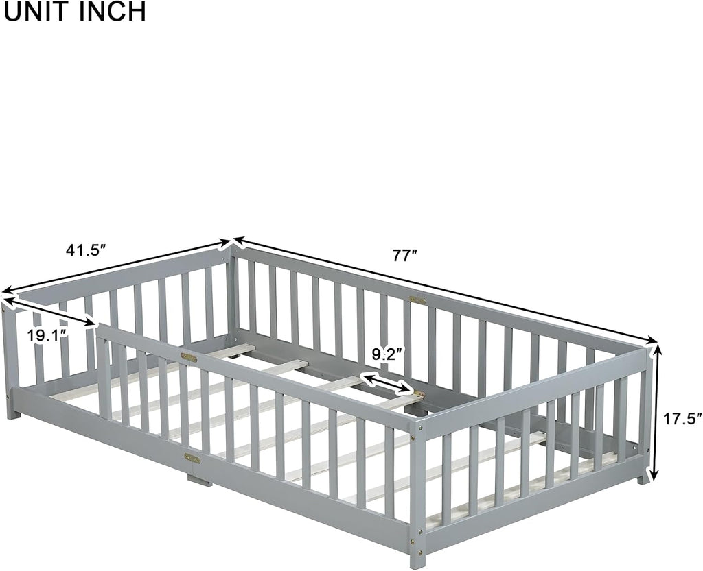 Twin Floor Bed with Slats and Guardrails, Wood Montessori Floor Beds with Fence, Easy Assemble Floor Bed for Kids