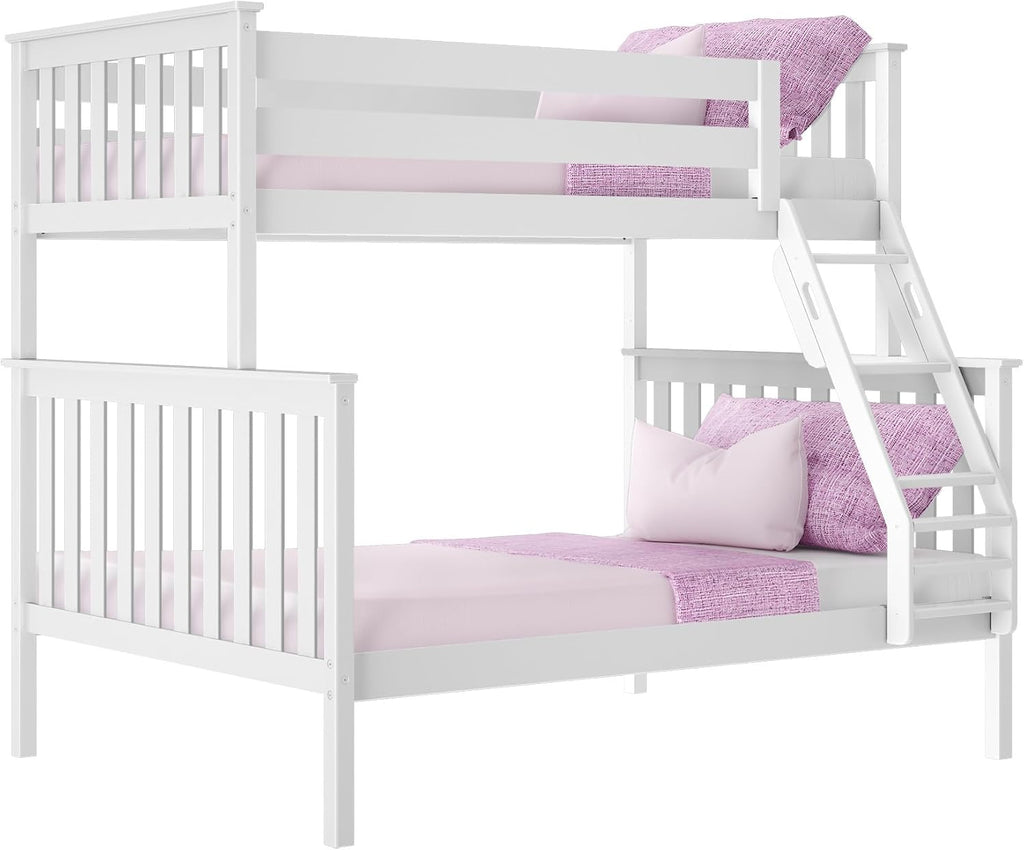 Bunk Bed Twin Over Full with Ladder, Solid Wood Platform Bed Frame with Ladder for Kids, 14" Safety Guardrails