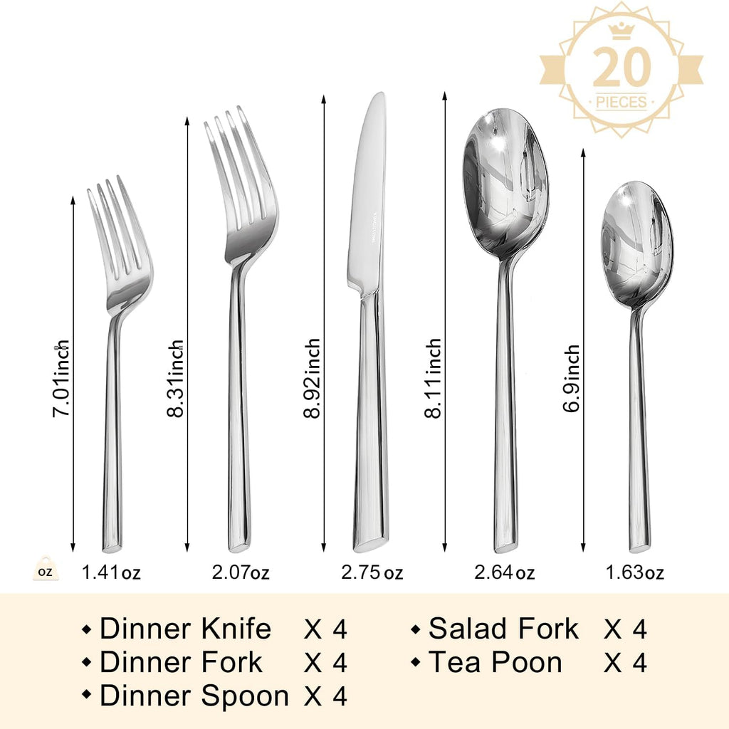 Silverware Set, 20-Piece Forged Novelty Flatware Cutlery Utensil Set Premium Stainless Steel, Service for 4