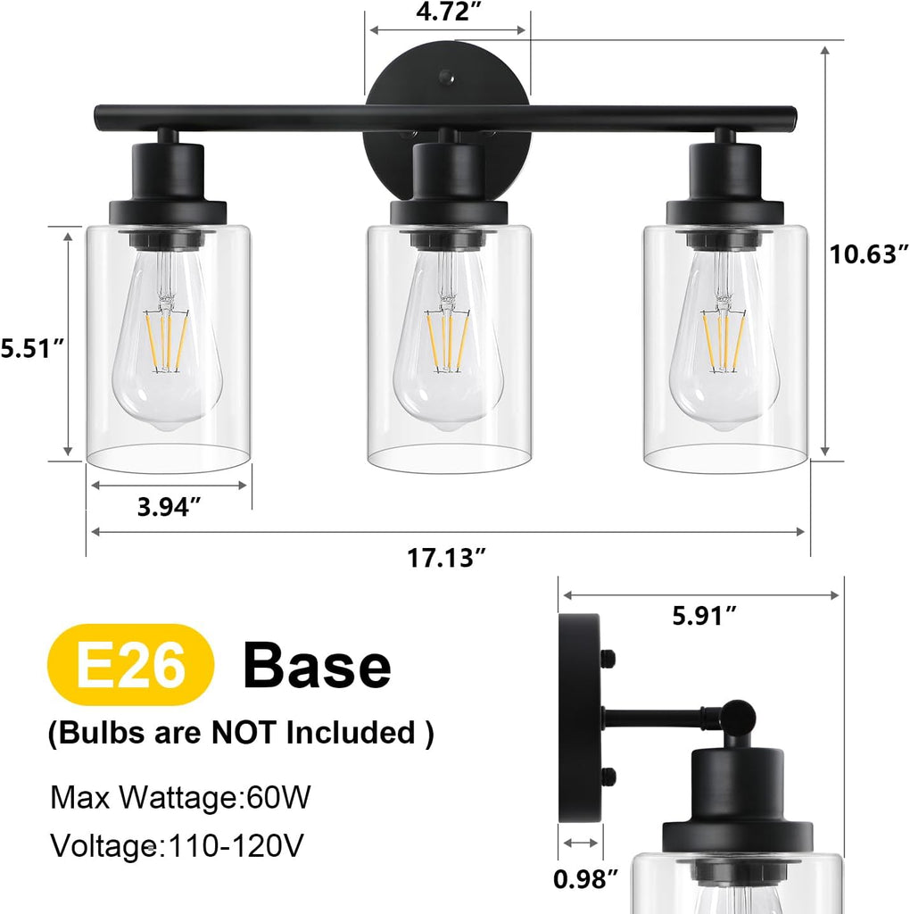Modern Bathroom Light Fixtures, 3 Light Vanity Lights, Black Wall Lamp with Clear Glass , Mirror, Living Room