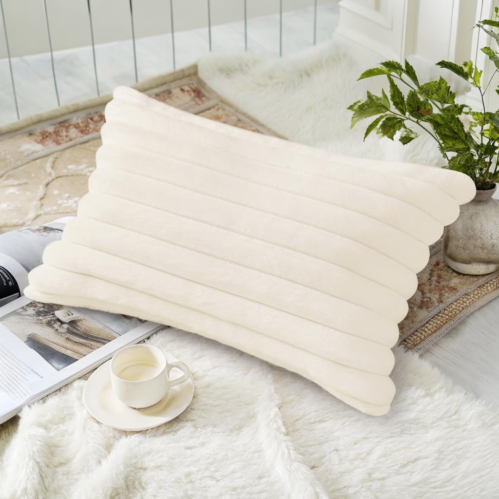 Summer Cozy Faux Fur Throw Pillow Covers 12x20 Set of 2 Decorative Soft Plush Striped Lumbar Modern Farmhouse Boho