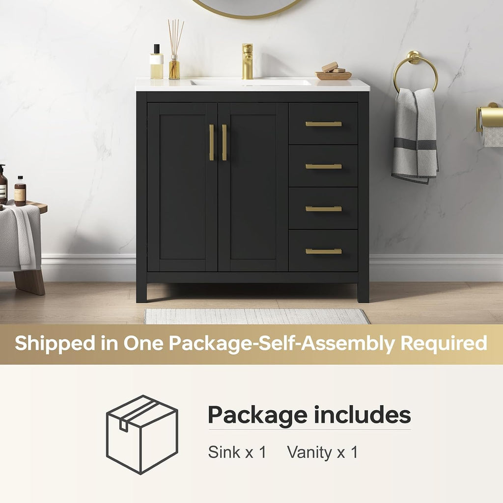 36" Black Single Sink Bathroom Vanity with Integrated Top - Freestanding Vanity Cabinet