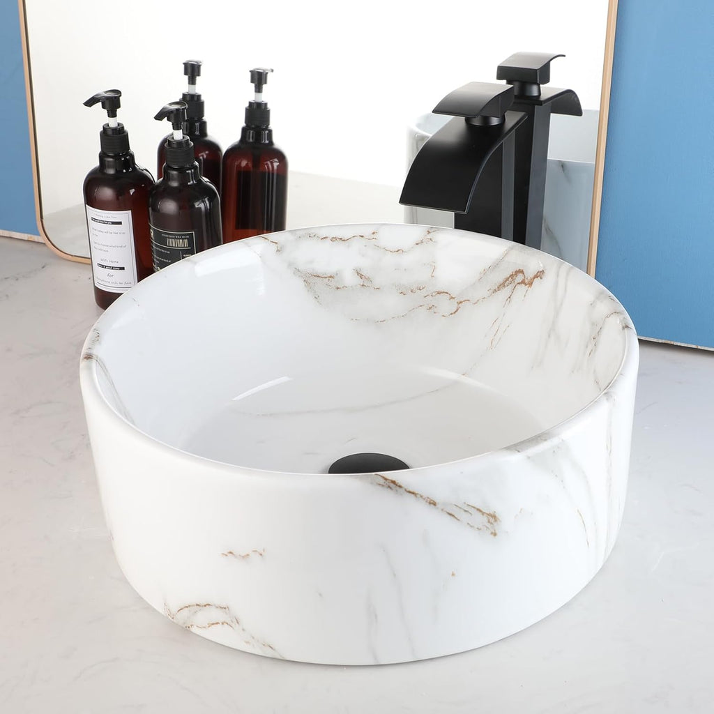 Bathroom Vessel Sink With Black Faucet And Drain White Marble Ceramic Vessel Sink 16 inch Round Vessel Sink Above