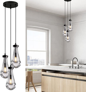3-Light Raindrop Pendant Light Fixtures, Black Glass Pendant Lighting, Teardrops Modern Hanging Light for Entryway Foyer Kitchen Island Dining Living Room Hallway