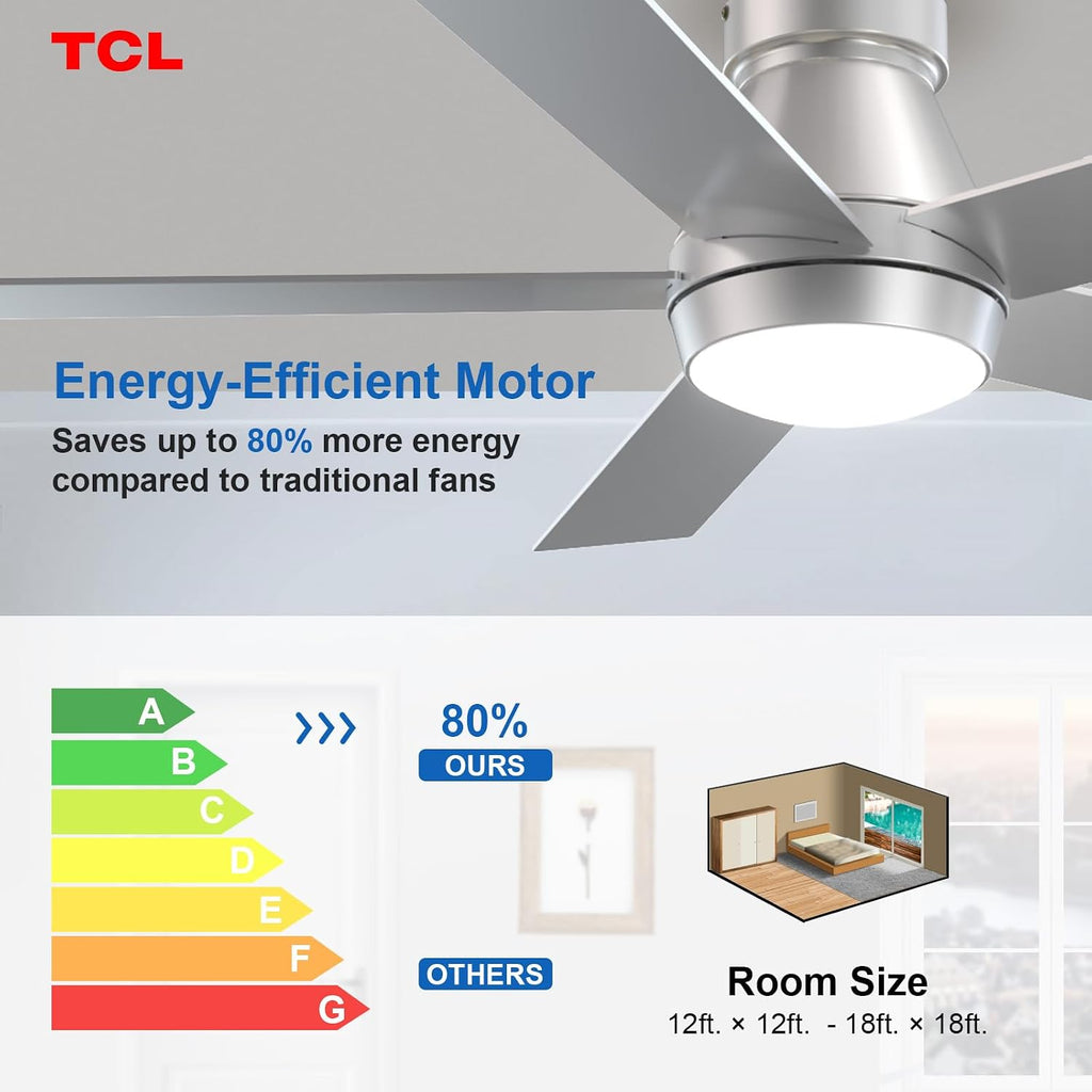 52" Ceiling Fan with Lights, Silver Flush Mount, 5 Blade Low Profile, 6 Speeds DC Reversible, Dimmable, Modern for Bedroom, Living Room and Garage