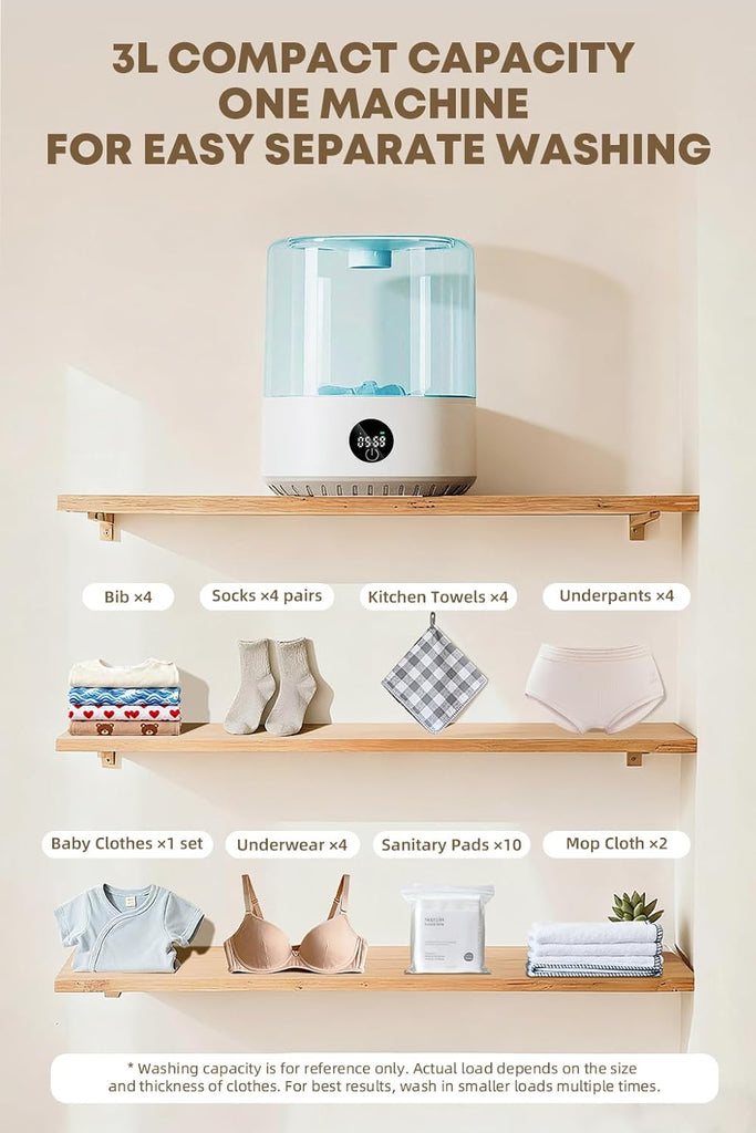 3L Portable Mini Washing Machine, Rechargeable Cordless Underwear & Delicates Washer with Type-C Charging, Compact