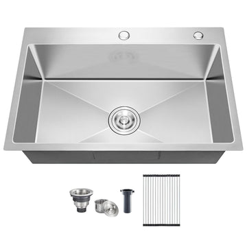 25x22 Inch Drop In, 20 Gauge 304 Stainless Steel Single Bowl Top Mount Sinks, Brushed Nickel Handmade Round Corner