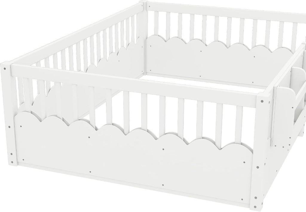 Full Floor Bed with Bookshelf and Safety Guardrail, Full Size Montessori Floor Bed with Fence, Easy Assemble