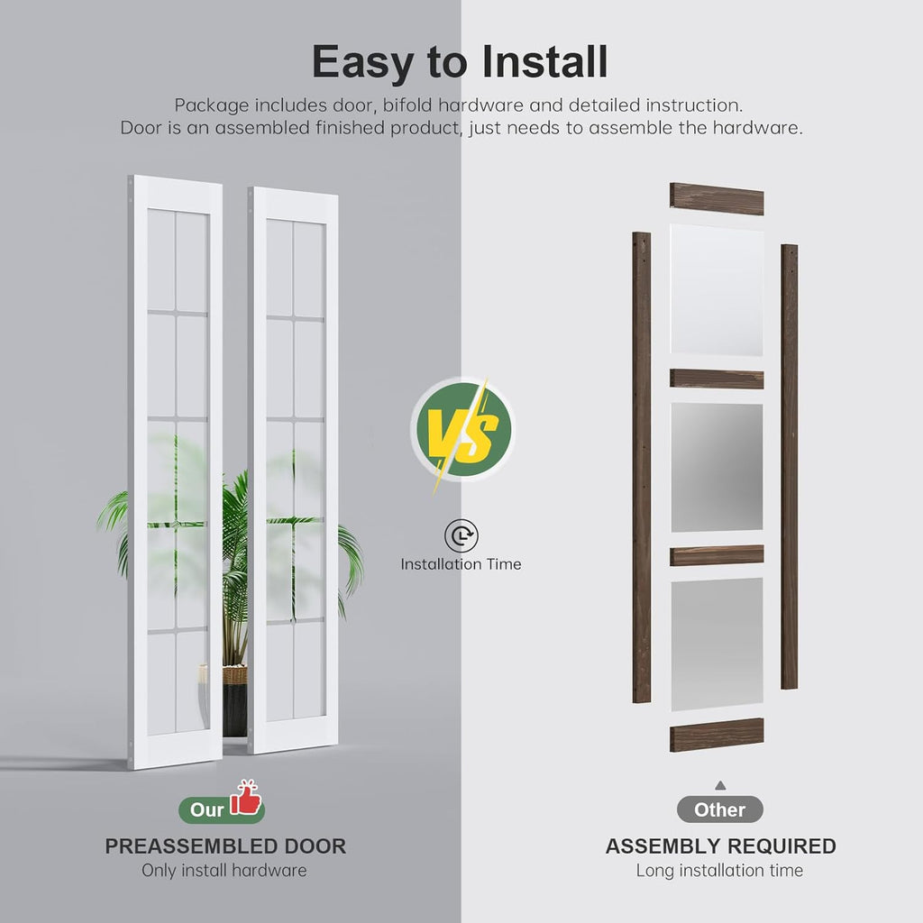Bifold Barn Door 24x84 Inch (Double 12x84), Preassembled White Frosted Glass Cross Transparent Bifol