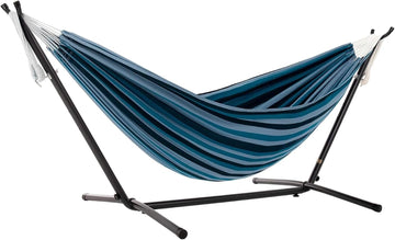 Double Cotton Hammock with Space Saving Steel Stand, Upgraded Polyester End Strings 450 lb Capacity - Premium Carry
