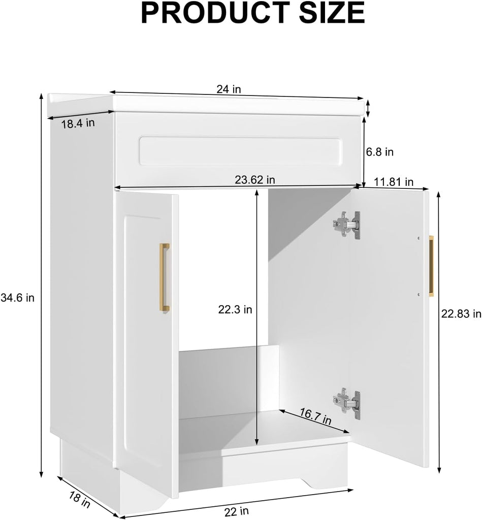 Bathroom Vanity with Ceramic Sink,Bathroom Vanities Cabinet with Large Storage Space, Wooden Bathroom Sink Cabinet for Apartment & Small Space (Milky White Finish, 24 Inch)