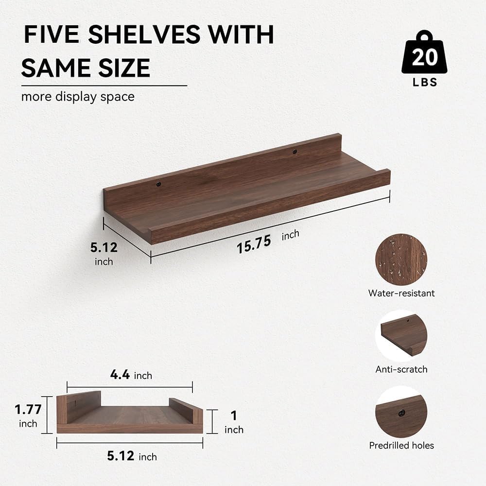 5-Set Floating Shelves with Lip, Walnut Wall Mounted Shelf