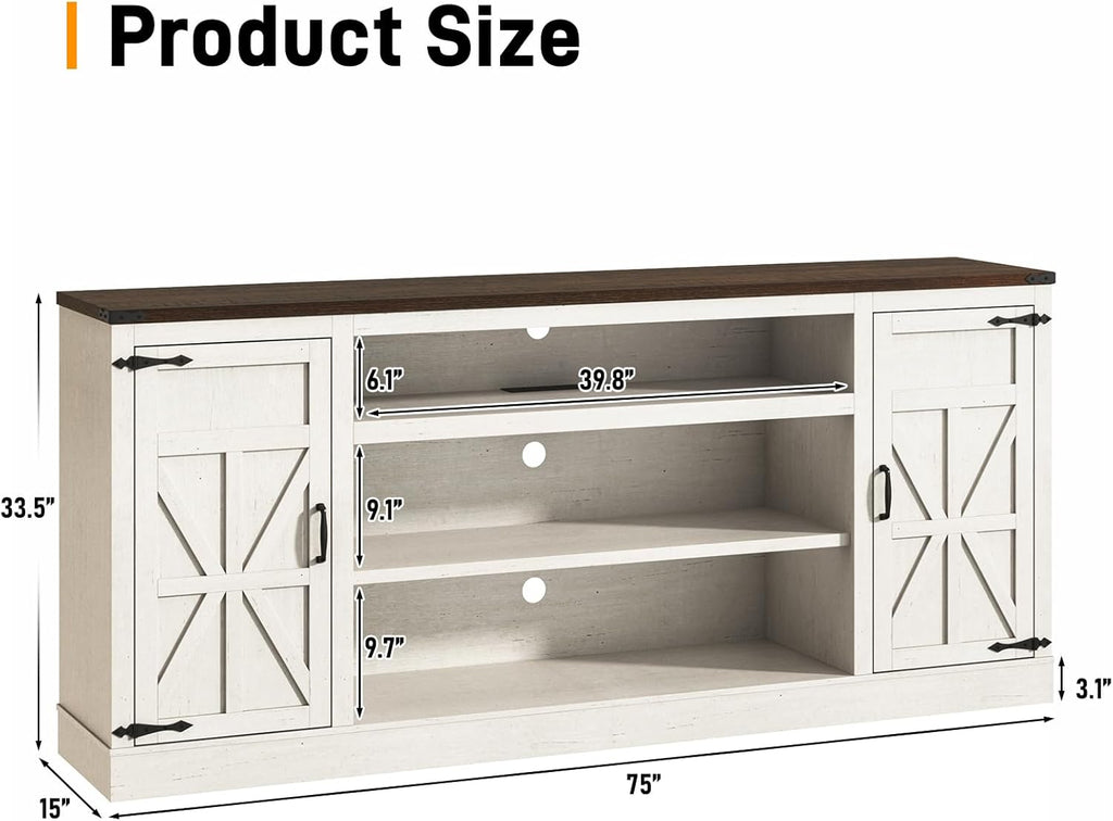 75" Farmhouse TV Stand with Power Outlets for 85 Inch TVs, 33" Tall Entertainment Center with Storage Cabinets