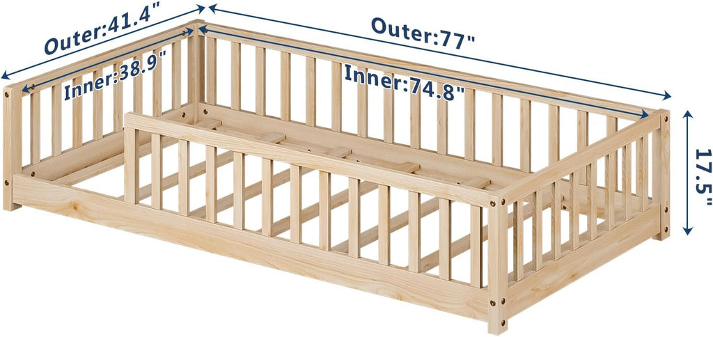 Twin Montessori Floor Bed with Rails | Solid Wood Natural Floor Bed Frame for Kids, Montessori Bed with Slats, No Box
