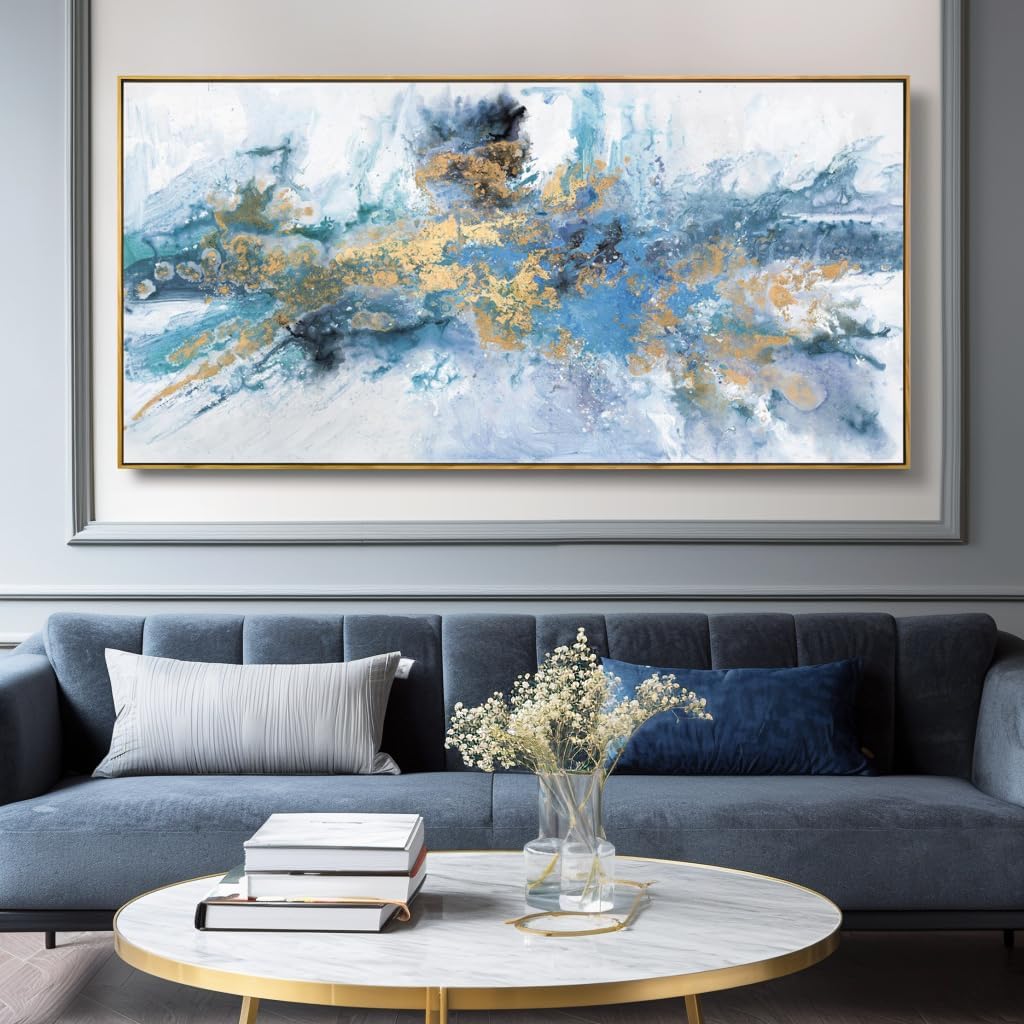 Abstract Navy Blue Canvas Wall Art - Framed Artwork Bedroom - Modern Colorful Fantasy Painting Ready to Hang