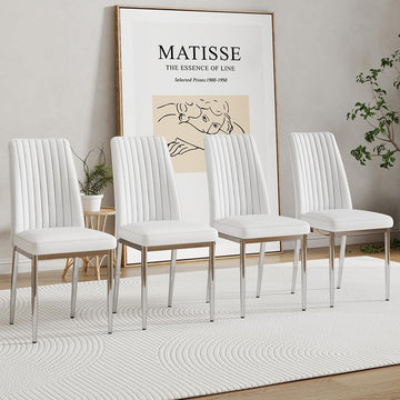 White Leather Chair, Modern Dining Chair Set of 4 with PU Leather and Chrome Leg, Sillas de Comedor with High Back