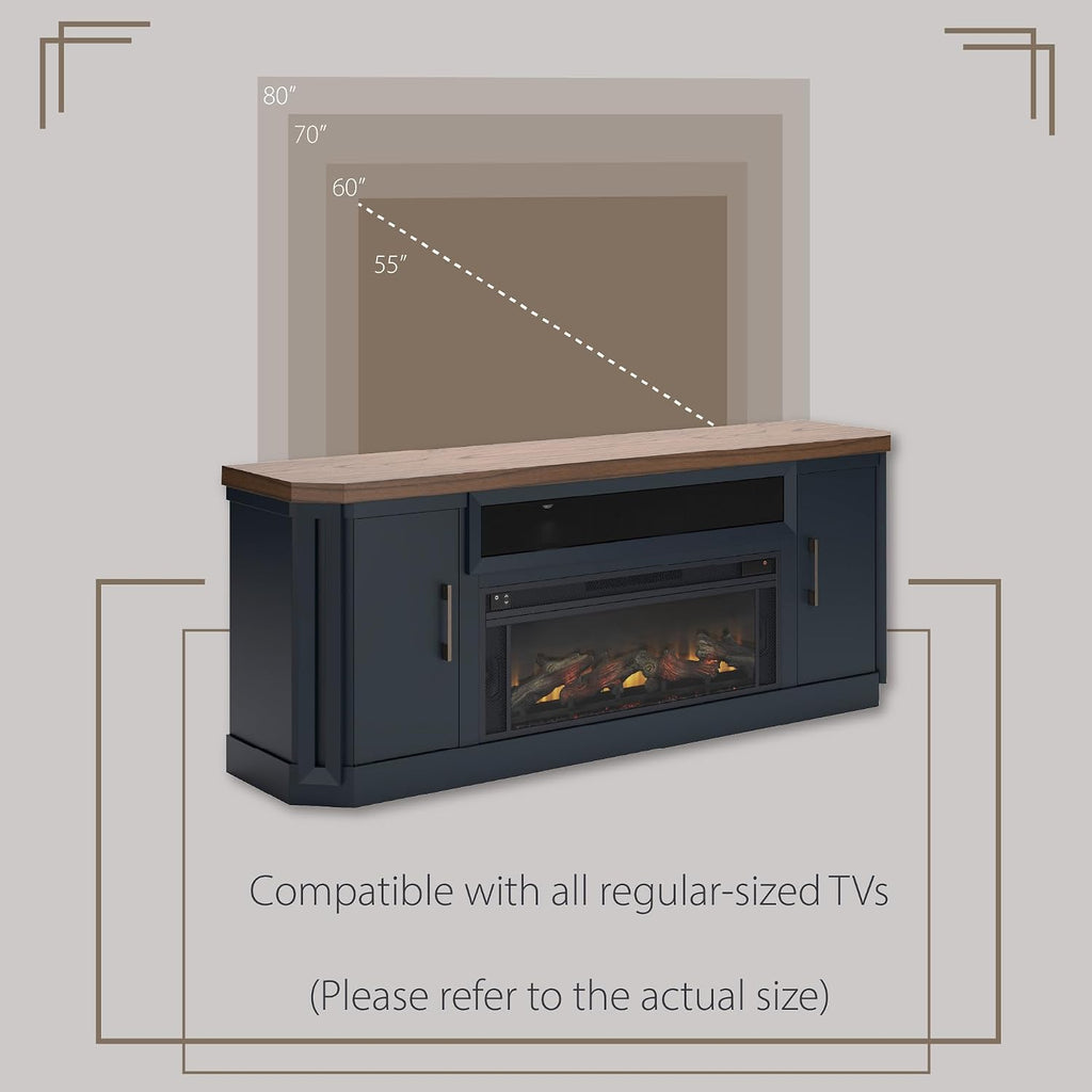 Fireplace TV Stand, 83" Console for 95" TVs, Built-in Speakers, Hardwood Solids, Mindi Veneer and MDF