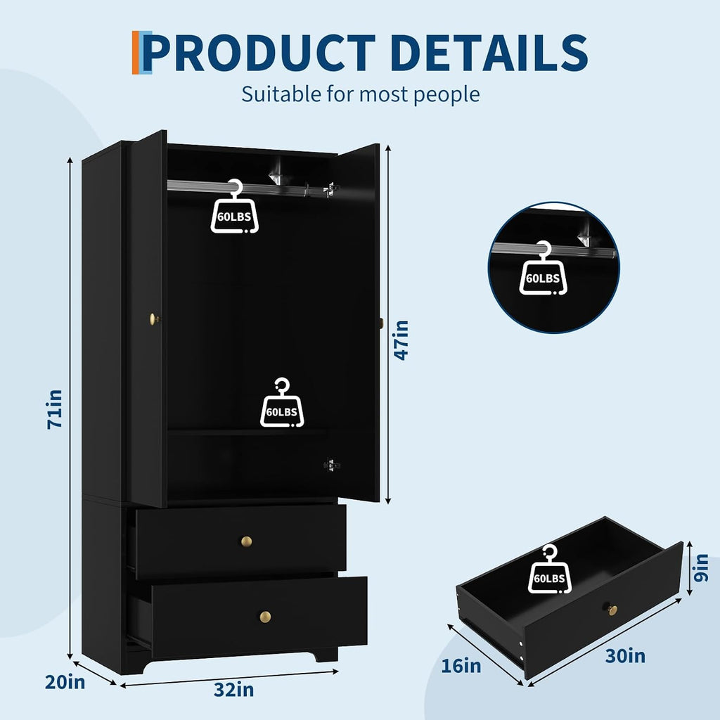 71" Armoire Wardrobe Closet, Modern Wooden Bedroom Armoire with 2 Drawers & 2 Doors and Adjustable Shelves,Clothing