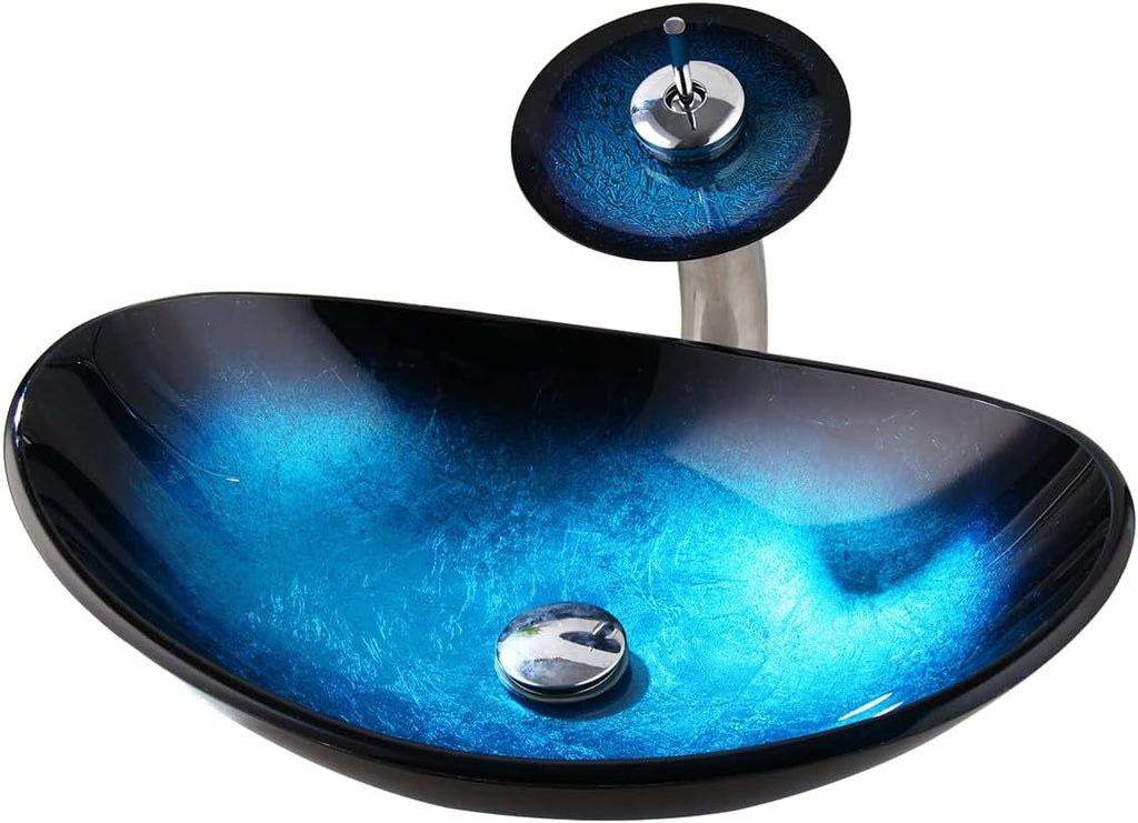 Oval Blue Glass Vessel Sink 22x14 Inch with Waterfall Faucet and Pop-Up Drain Tempered Glass Basin Top Mount Bathroom