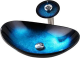 Oval Blue Glass Vessel Sink 22x14 Inch with Waterfall Faucet and Pop-Up Drain Tempered Glass Basin Top Mount Bathroom