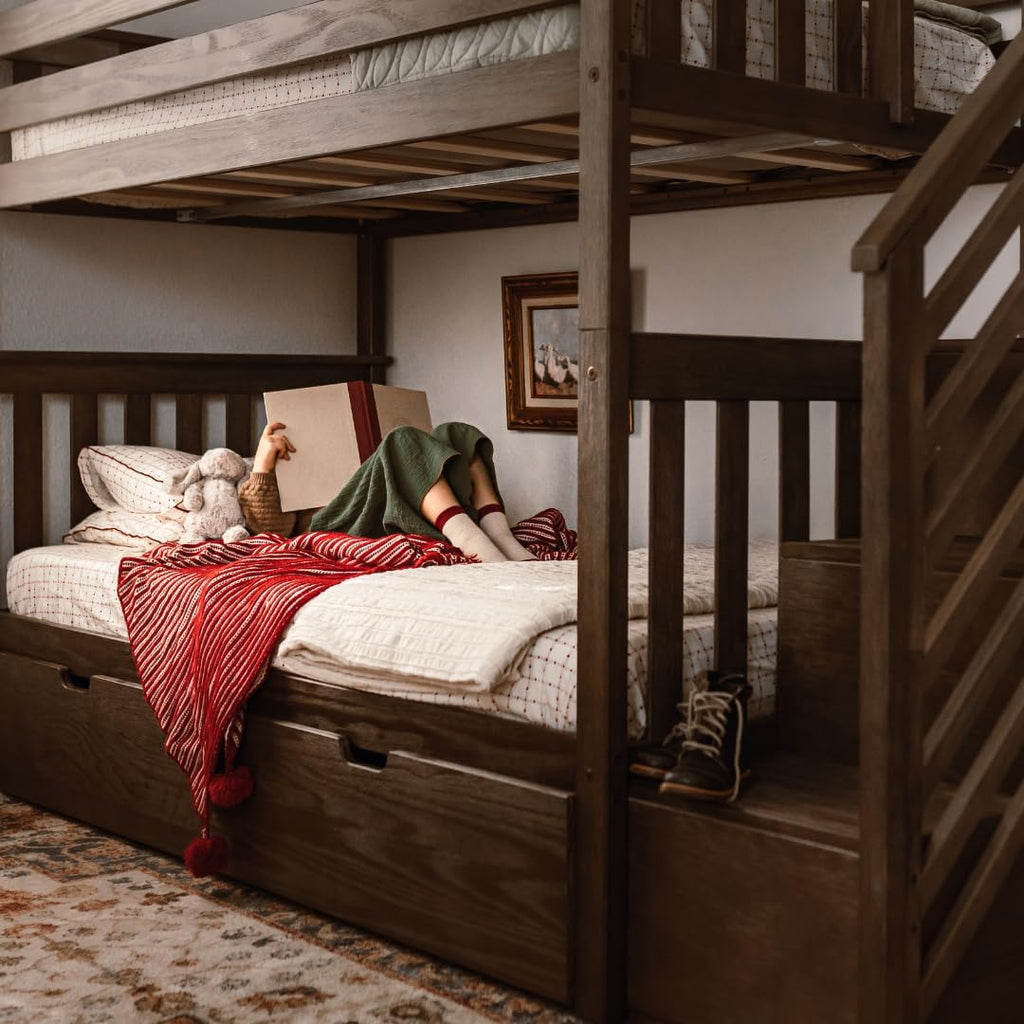 Bunk Bed, Twin-Over-Twin Bed Frame For Kids With Stairs, Clay