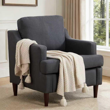 Mid-Century Accent Chair Modern Linen Fabric Armchair ,Comfy Upholstered Reading Chairs ,Single Sofa Chair with Wood