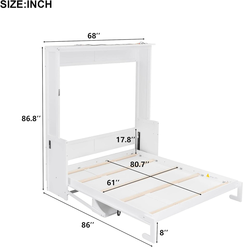 Queen Murphy Bed with Desk, LED Lights & USB Charging Station,Solid Wood Vertical Murphy Wall Bed Cabinet with Storage Shelves for Adults Bedroom Office Space-Saving (White,Queen)