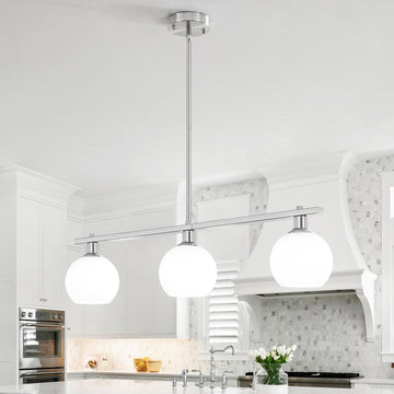 3 Lights Linear Pendant Light Kitchen Island Lighting with Milk Glass Shade, Modern Farmhouse Chandelier, Brushed
