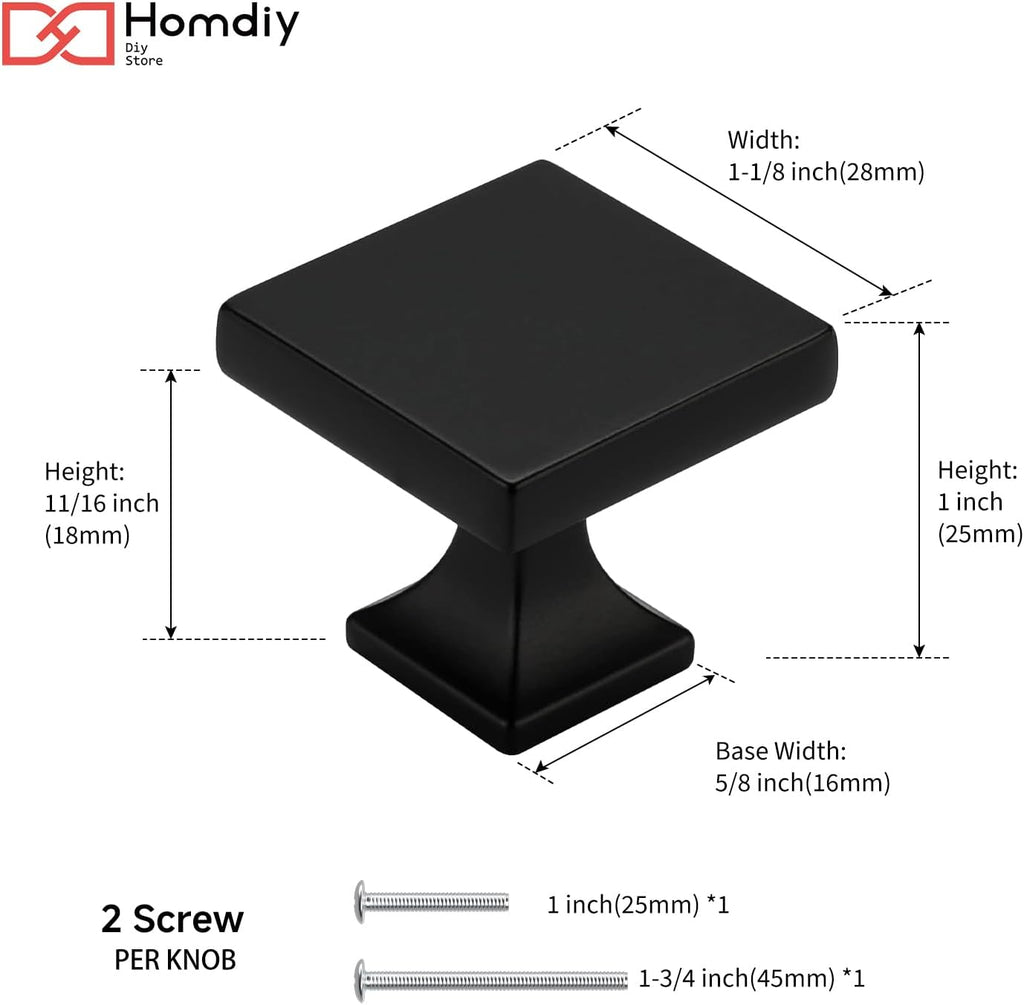 25 Pack Black Cabinet Knobs Matte Black Square Dresser Drawer Knobs Zinc Alloy Kitchen Cabinet Hardware