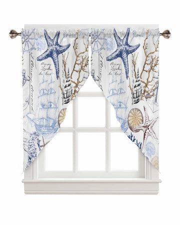 Coastal Nautical Swag Curtains Valance Windows, Ocean Blue Starfish Coral Shell Vintage Rod Pocket Curtain