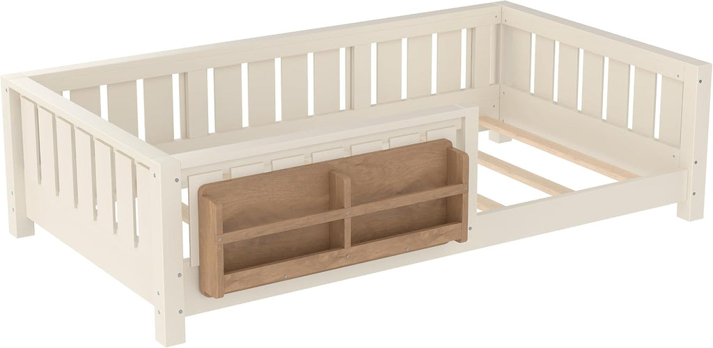 Twin Size Floor Bed with high Rails and with Built-in Bookshelf for Kids, Girls, Boys, Wood Montessori Floor Bed