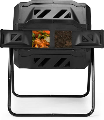 Outdoor Dual Chamber Compost Tumbler, 43 Gallon Black Rotating Batch Compost Bin with Sliding Doors Kitchen Yard