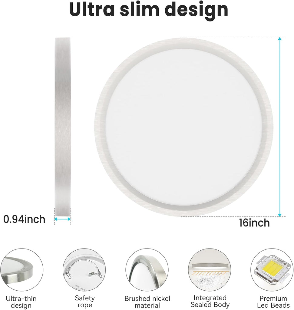 16 inch Flush Mount LED Ceiling Light Fixture, 3000K 4000K 6500K Adjustable, 36W 3200lm Brushed Nickel Satin Round