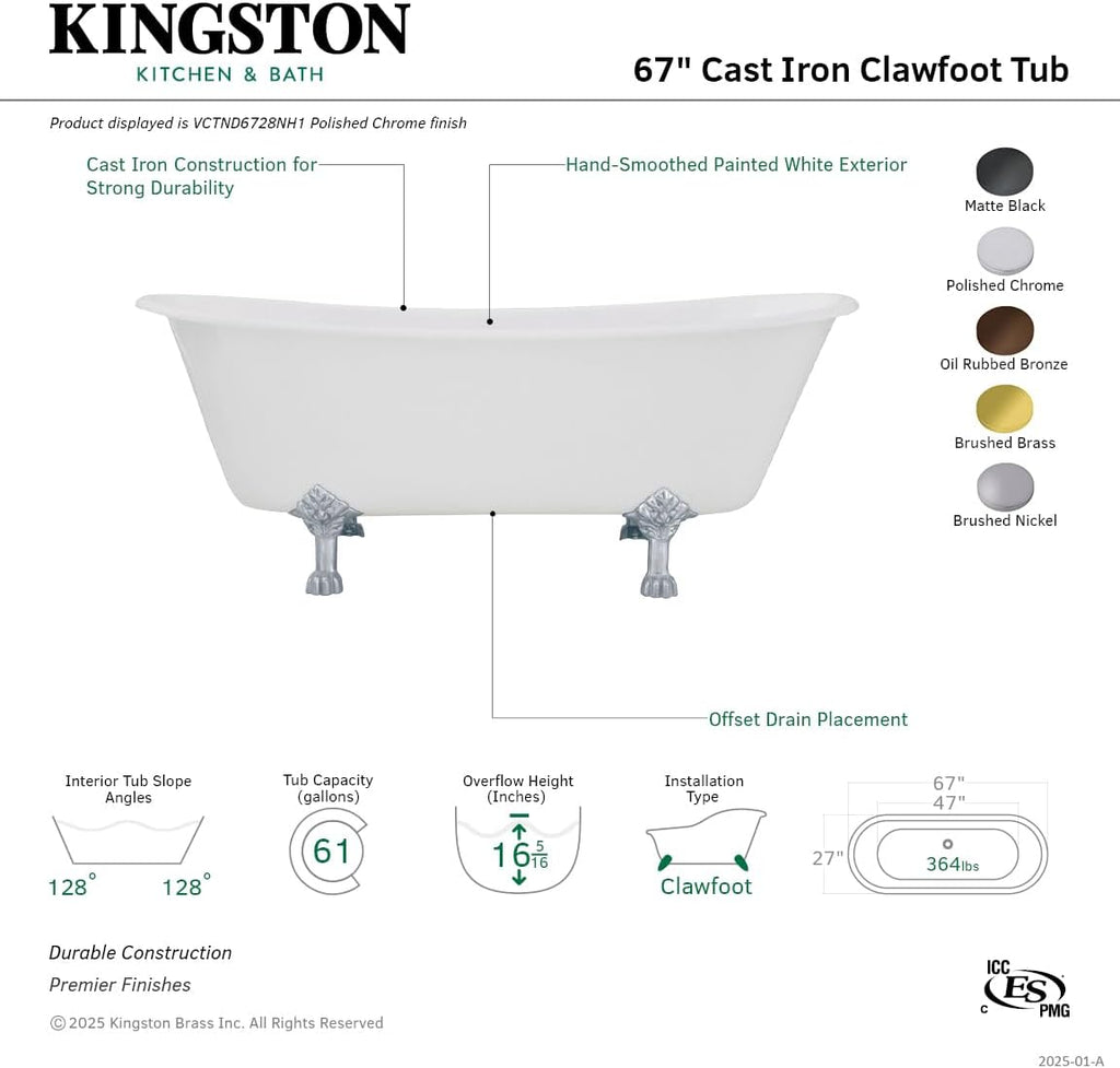Aqua Eden VCTND6728NH1 Cast Iron Double Slipper Clawfoot Bathtub Chrome Feet without Drillings, 67-Inch, White