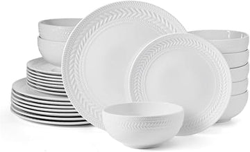 Josephine 24-Piece Dinnerware Set, Porcelain Dish Set with Embossed Basket Weave Design, Service for 8