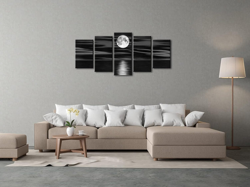 Sea White Full Moon in Night Canvas Print Wall Art Black and White Ocean Beach Bedroom Kitchen Home Decorations 5