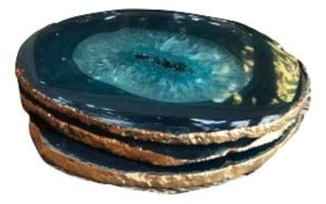 Agate Coasters - Teal Colored Agate Coasters - Gold Rimmed - Set Of 4