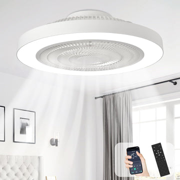 Modern Ceiling Fan with Light: 19" Bladeless Flush Mount Low Profile LED Ceiling Fans with Remote & Smart APP Control